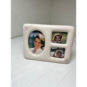 Vintage 1980s Ceramic Triple Collage Picture Frame Cream Crackle Glaze Florals